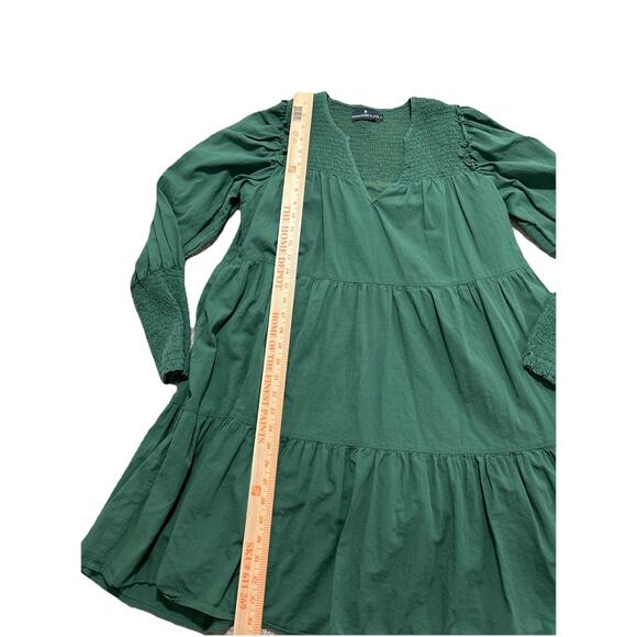 Pomander Place Dress sz M Ceci Smocked Long Sleeve Green Tiered Cotton Mini Boho - Picture 3 of 10